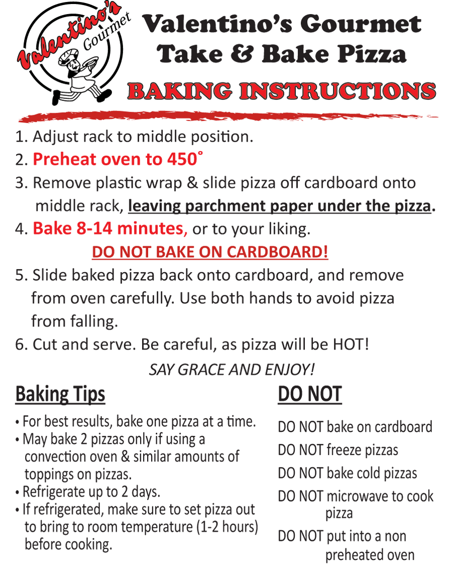 Valentino's printed baking instructions card
